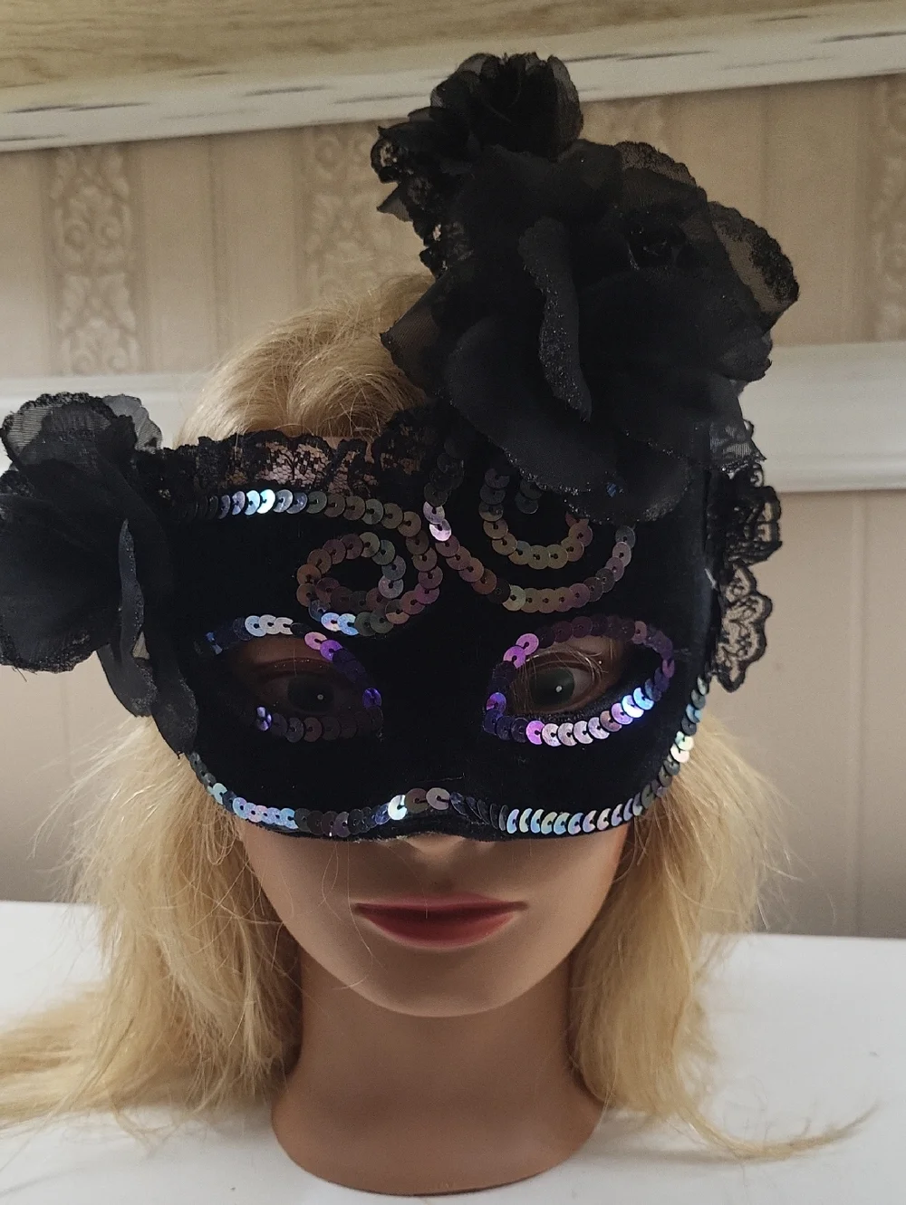 Black Lace & Sequin Masquerade Mask with Floral Accent, One Size - Picture 7 of 7